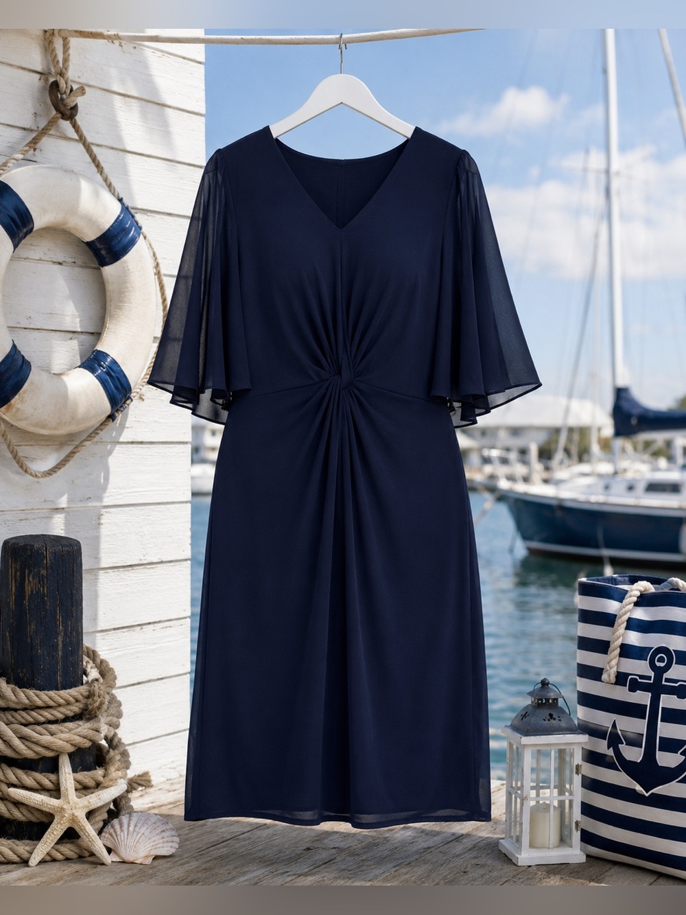 London Times 14W Navy Flutter Sleeve Midi Dress NWT